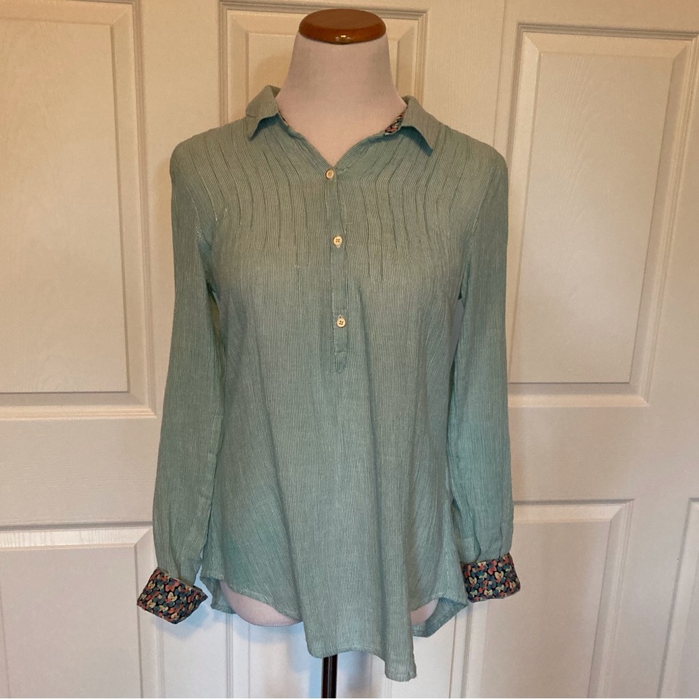 Isabella Sinclair Anthropology Green Long-sleeve Shirt S Lace Back Floral Cuff - Picture 2 of 7